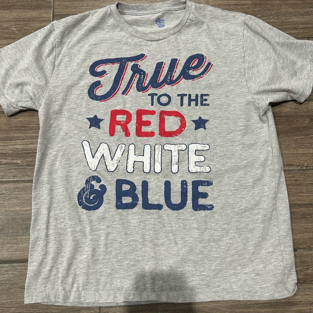 Gray Graphic T-Shirt with Red, White, and Blue Text